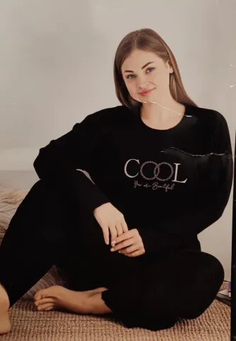 Pijama damă confortabilă, plisată, set mărime mare, Negru