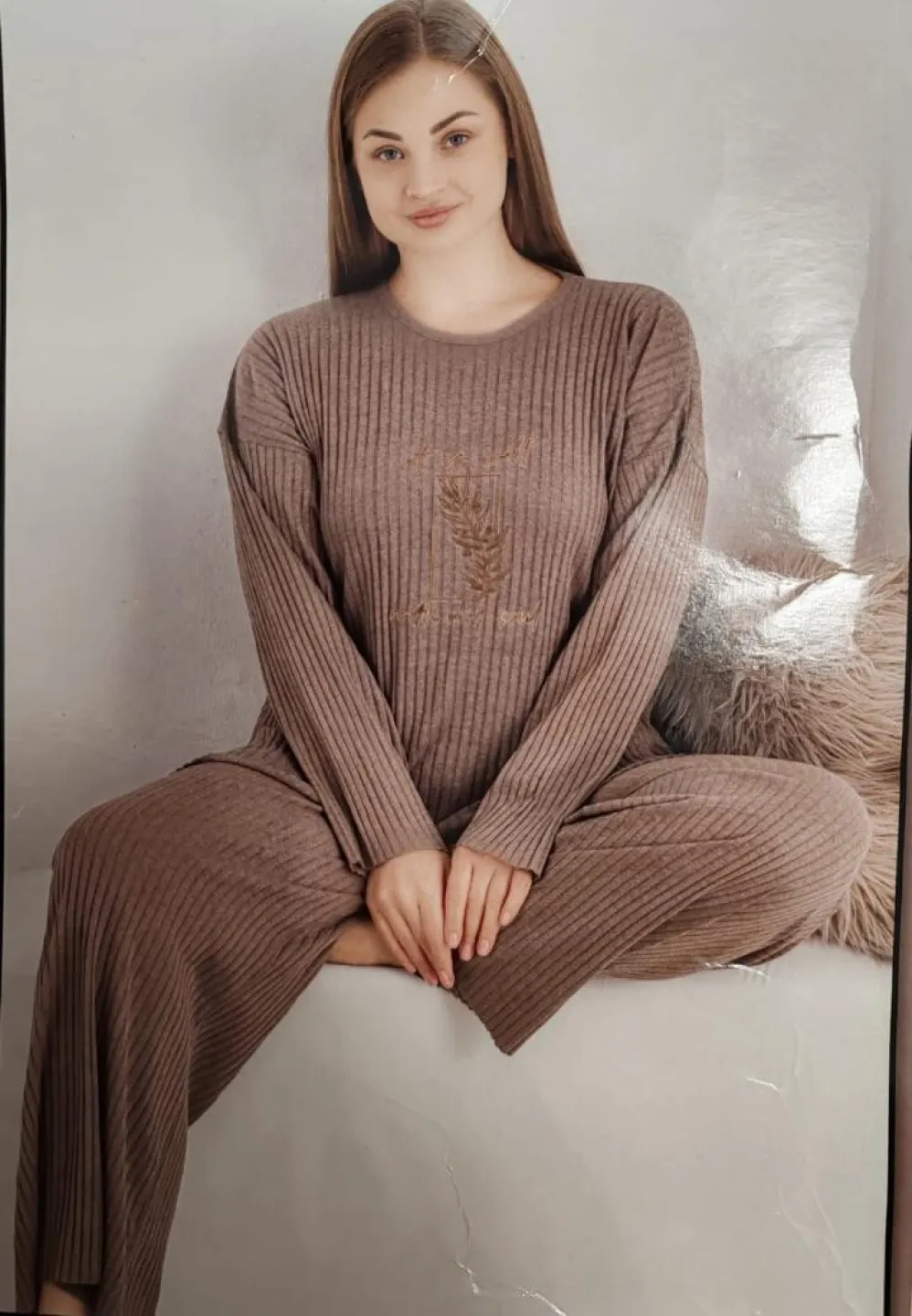 Pijama damă confortabilă, plisată, set mărime mare, Bej - 1