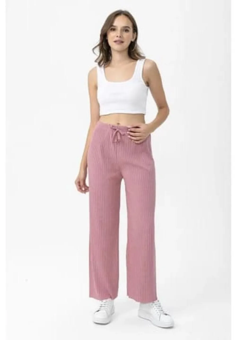 Pantalon lungi damă Plisat Roz - 1