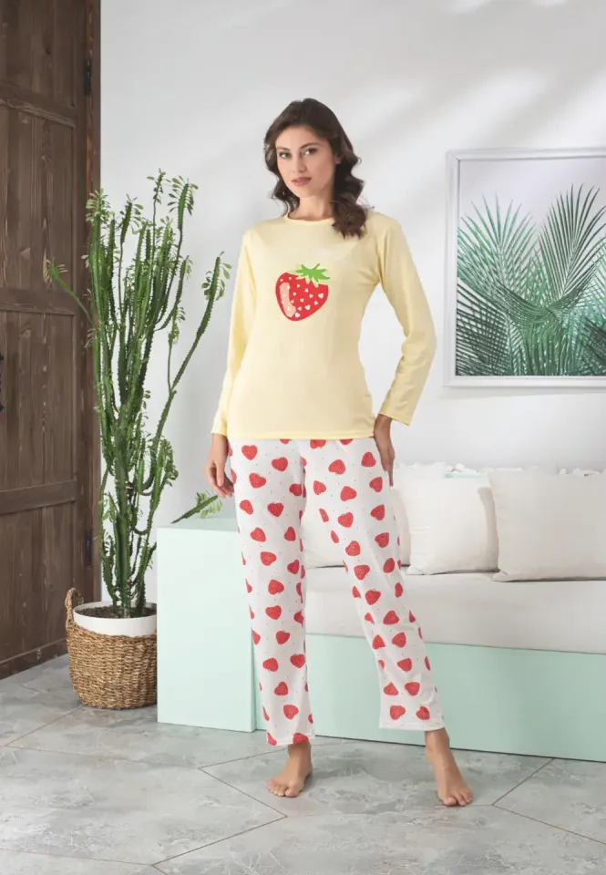 Pijama damă cu mânecă lungă și pantaloni lungi, design cu căpșuni