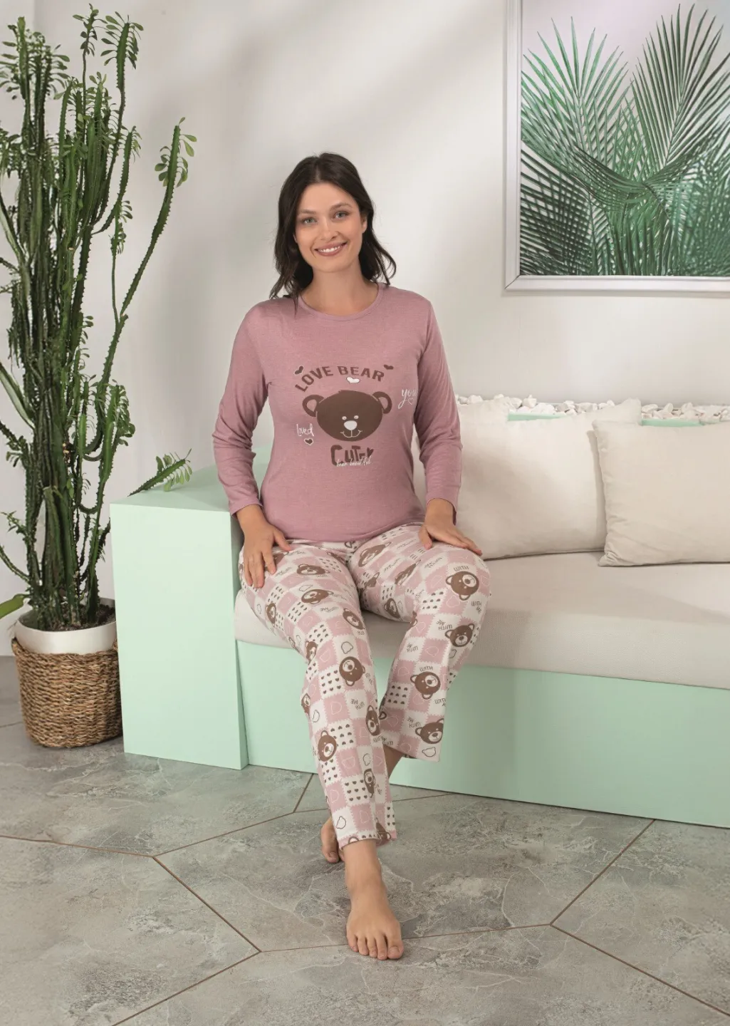 Pijama dama maneca lunga pantalon lungi roz,Dream Love Bear,Design Drăguț și Material Moale - 2
