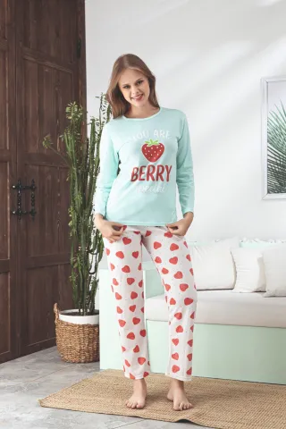 Pijama dama maneca lunga pantalon lungi verde,You Are Berry,Design drăguț