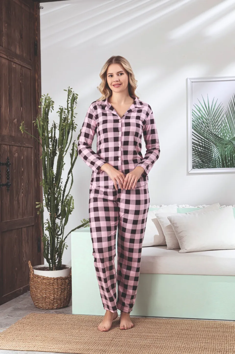 Pijama Dama Cămașă cu Nasturi și Pantaloni Carou, Roz – Material Moale și Design Elegant - 1