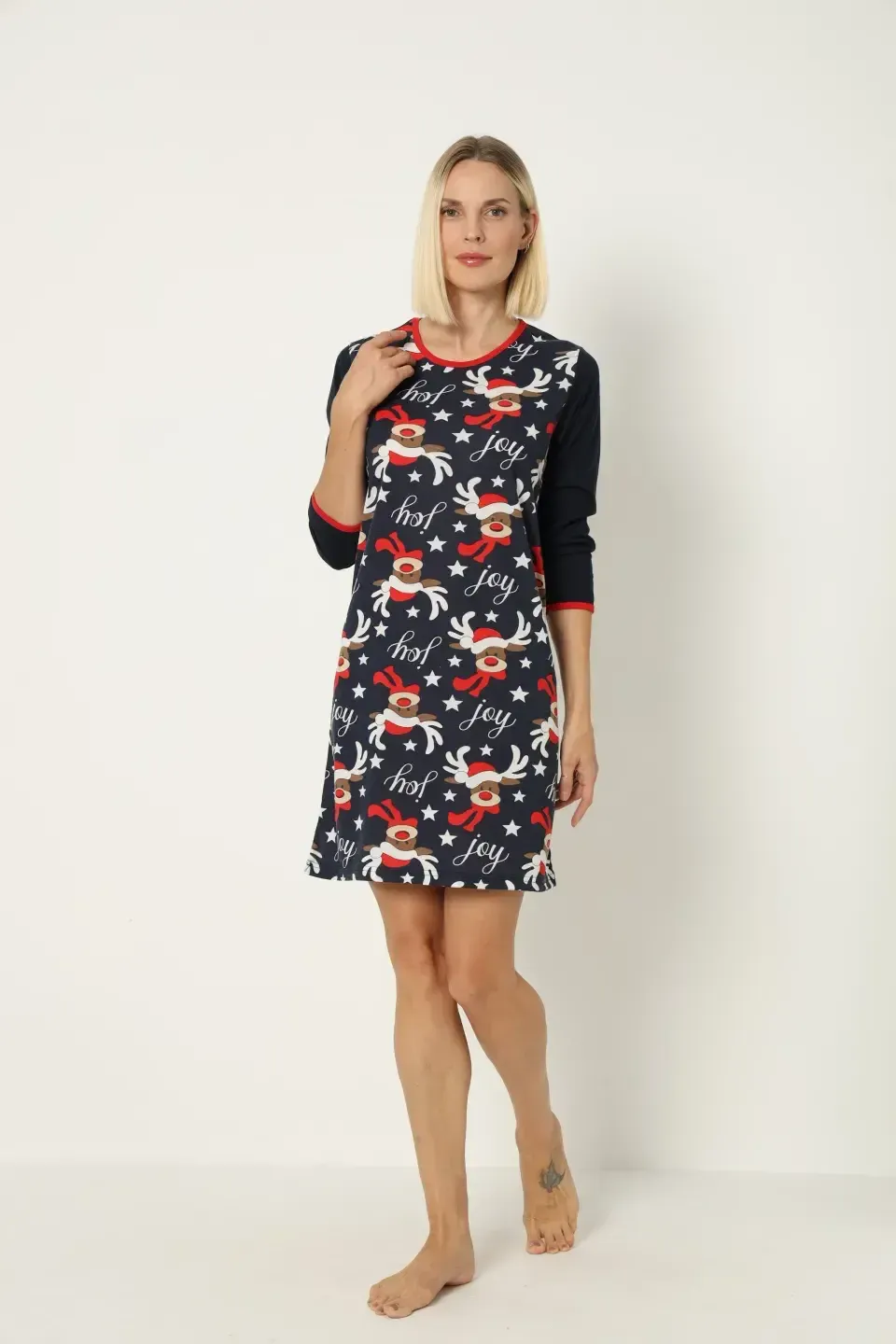 Cămașă de noapte de Crăciun, bleumarin, cu imprimeu cu reni, drăguță - 2