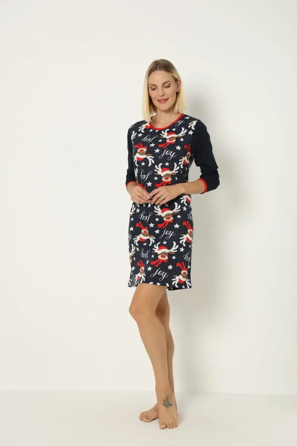 Cămașă de noapte de Crăciun, bleumarin, cu imprimeu cu reni, drăguță - 4