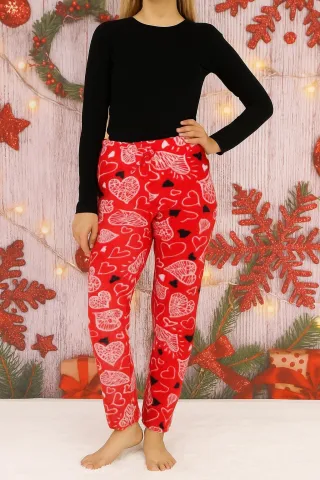 Pantaloni călduroși damă, polar roșu, model cu inimi