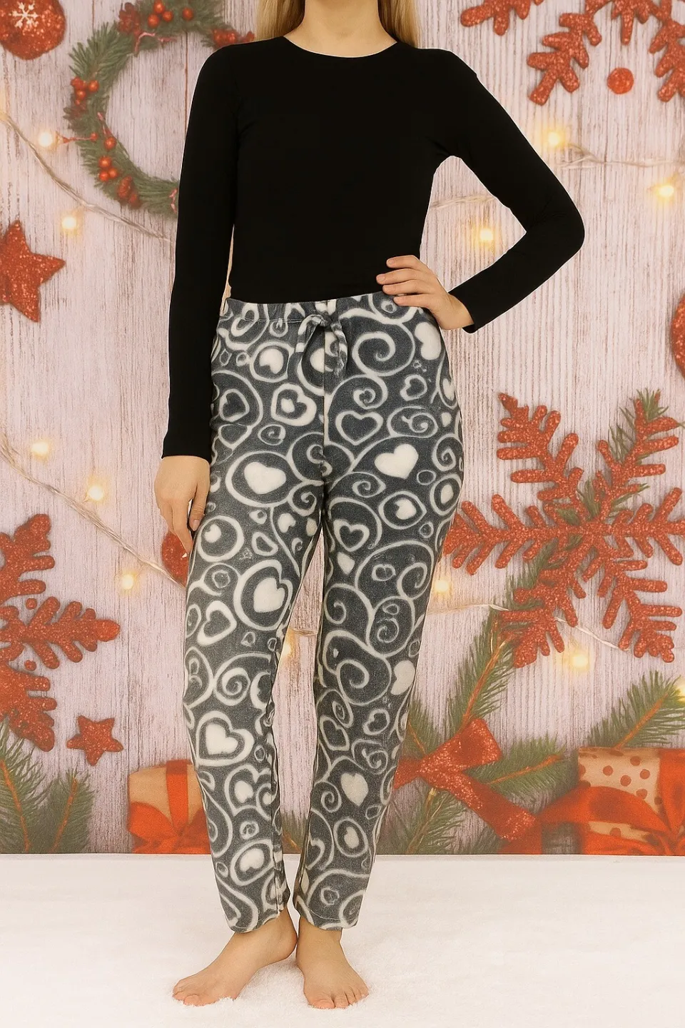 Pantaloni călduroși de casă, polar gri cu inimioară - 1