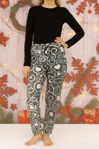 Pantaloni călduroși de casă, polar gri cu inimioară