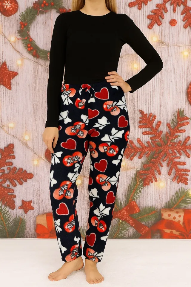 Pantaloni de casă damă, polar moale bleumarin cu model cu inimioare