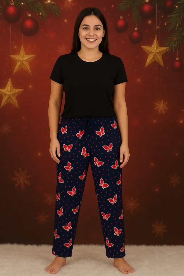 Pantaloni confortabili damă, polar bleumarin cu imprimeu fluture