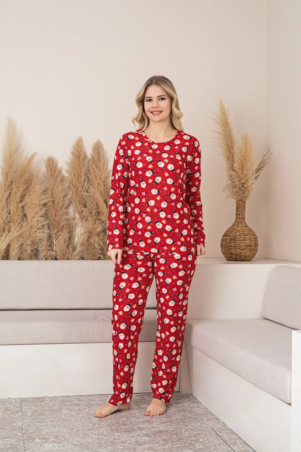 Pijamă Damă Moș Crăciun mânecă lungă pantaloni lungi roșu - 1