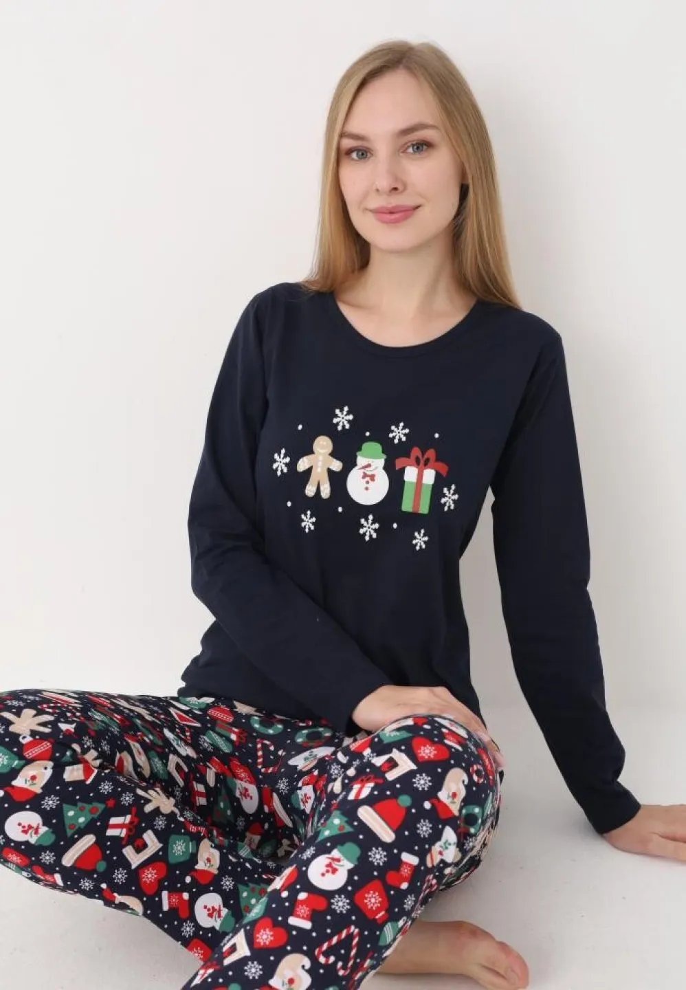 Pijamă de Crăciun pentru Damă, Bleumarin, cu Om de Zăpadă, Mâneci și Pantaloni Lungi - 7