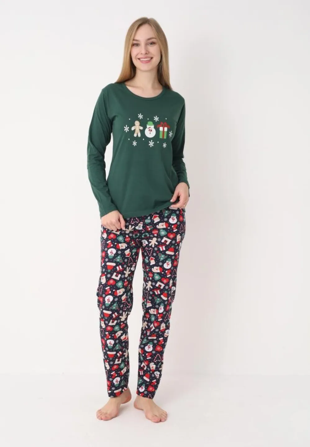 pijama dama craciun verde cu om de zăpadă, mânecă lungă și pantaloni lungi - 5