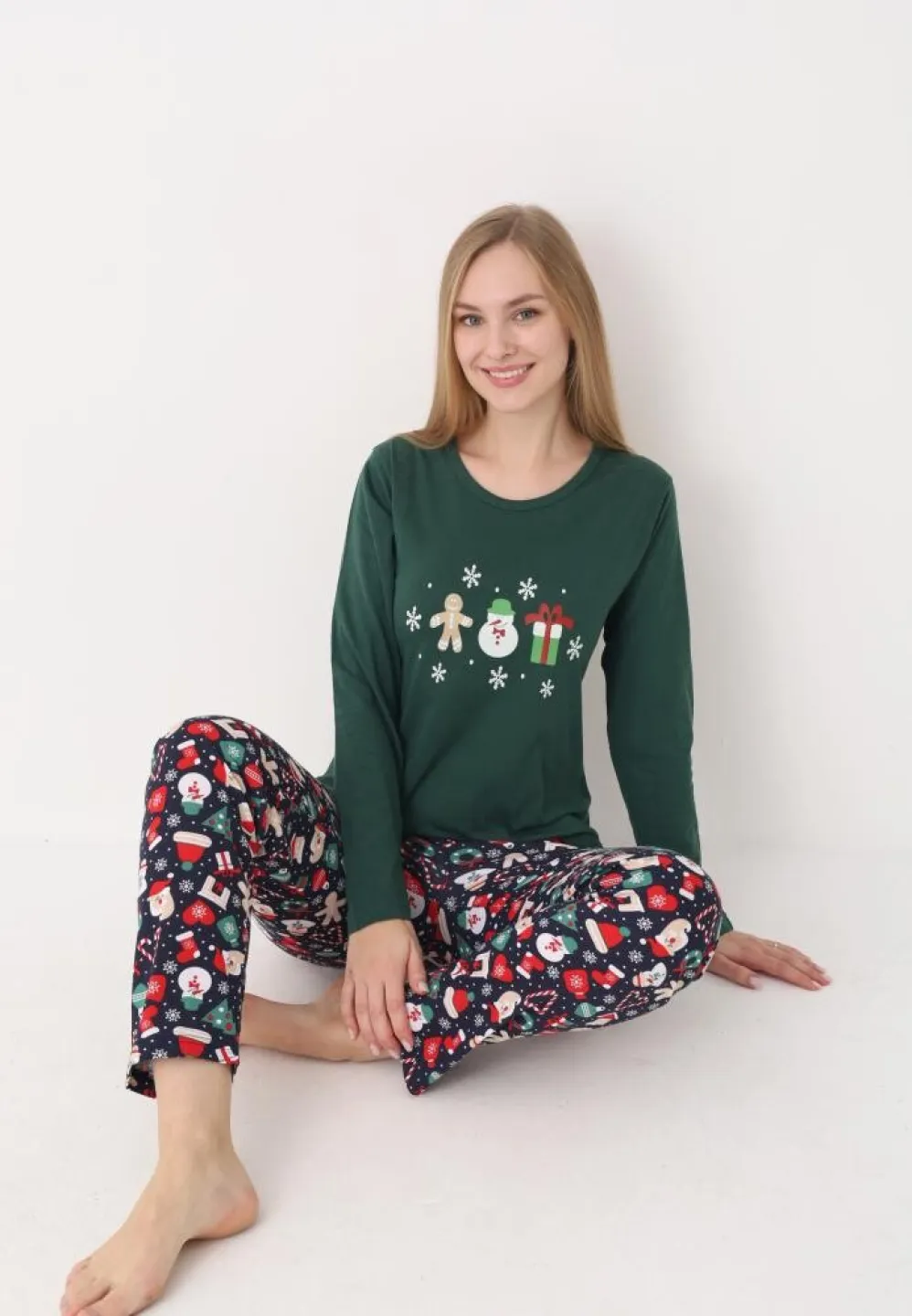 pijama dama craciun verde cu om de zăpadă, mânecă lungă și pantaloni lungi - 6