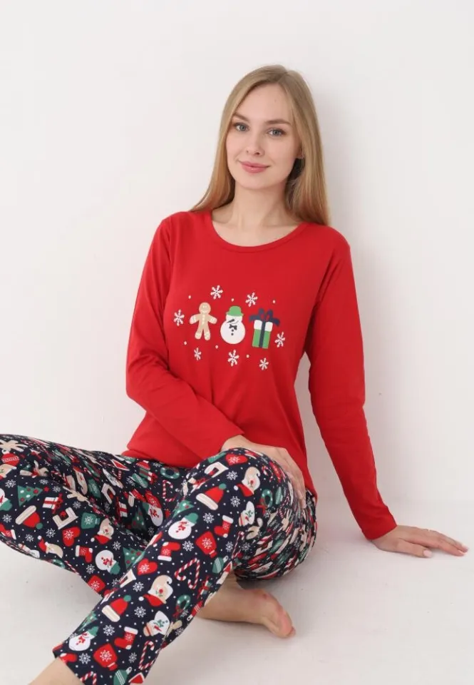 pijama dama craciun roșu cu om de zăpadă, mânecă lungă și pantaloni lungi