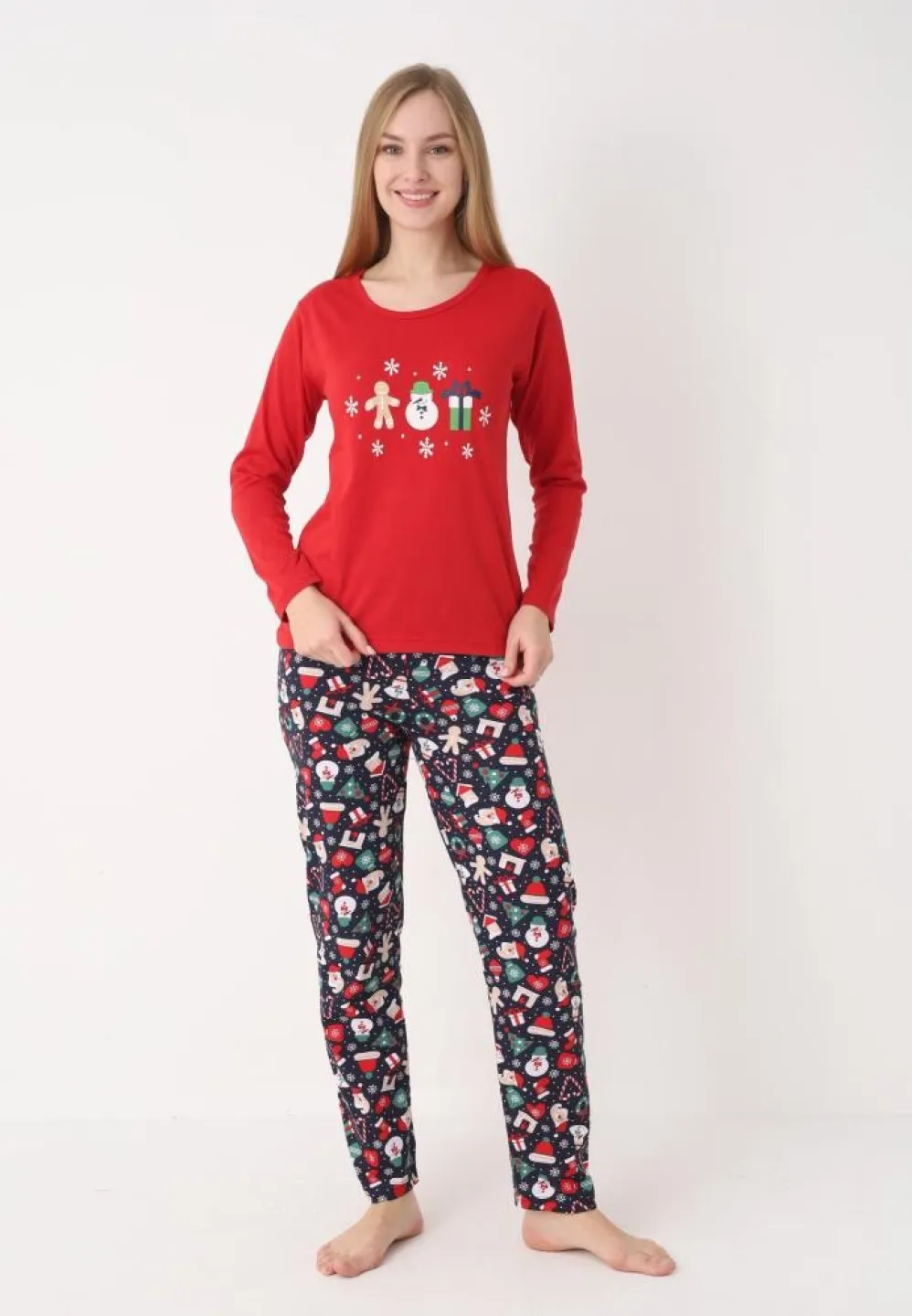 pijama dama craciun roșu cu om de zăpadă, mânecă lungă și pantaloni lungi - 4