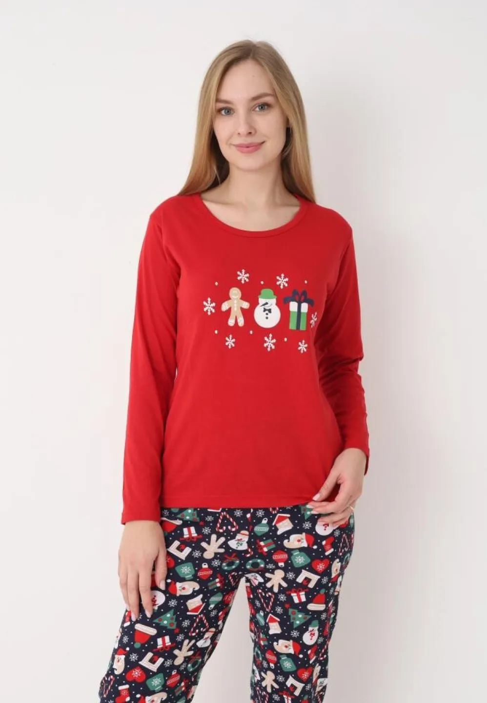 pijama dama craciun roșu cu om de zăpadă, mânecă lungă și pantaloni lungi - 6