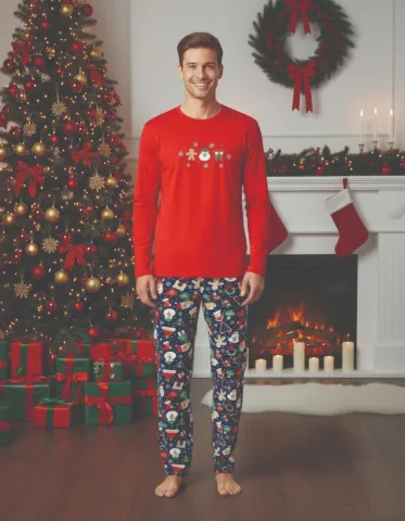 Pijama barbat roșu de Crăciun cu imprimeu om de zăpadă, set cu mânecă lungă și pantaloni lungi