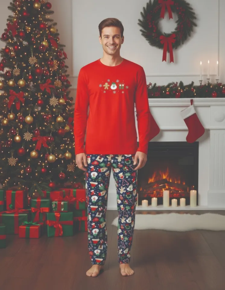 Pijama barbat roșu de Crăciun cu imprimeu om de zăpadă, set cu mânecă lungă și pantaloni lungi