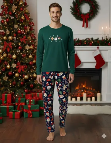 Pijama barbat verde de Crăciun cu imprimeu om de zăpadă, set cu mânecă lungă și pantaloni lungi hover