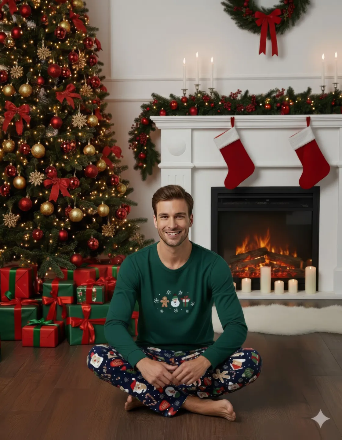 Pijama barbat verde de Crăciun cu imprimeu om de zăpadă, set cu mânecă lungă și pantaloni lungi - 1