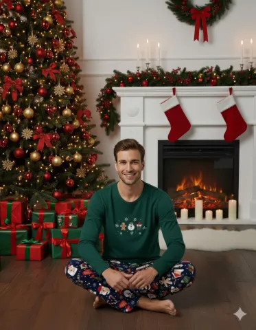 Pijama barbat verde de Crăciun cu imprimeu om de zăpadă, set cu mânecă lungă și pantaloni lungi