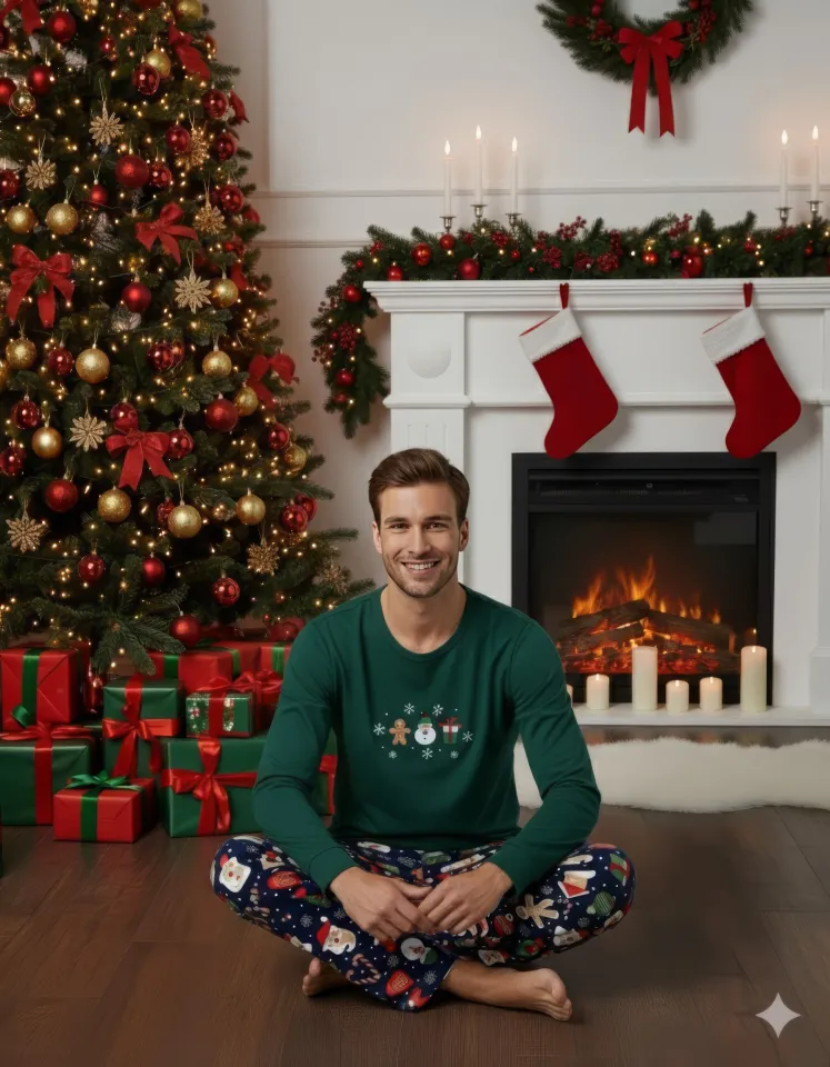 Pijama barbat verde de Crăciun cu imprimeu om de zăpadă, set cu mânecă lungă și pantaloni lungi