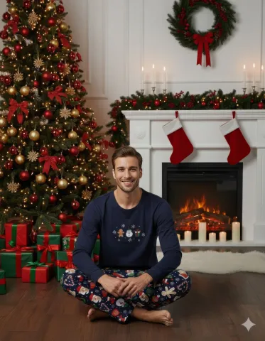 Pijama barbat Crăciun bleumarin cu om de zăpadă, mânecă lungă și pantaloni lungi hover