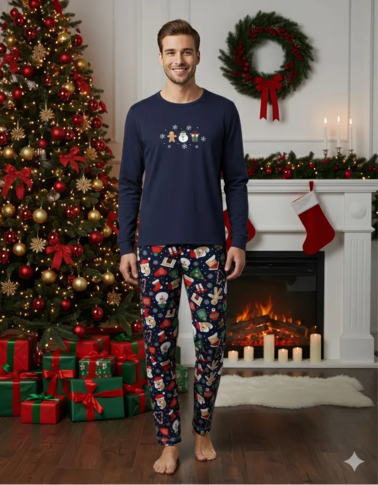 Pijama barbat Crăciun bleumarin cu om de zăpadă, mânecă lungă și pantaloni lungi