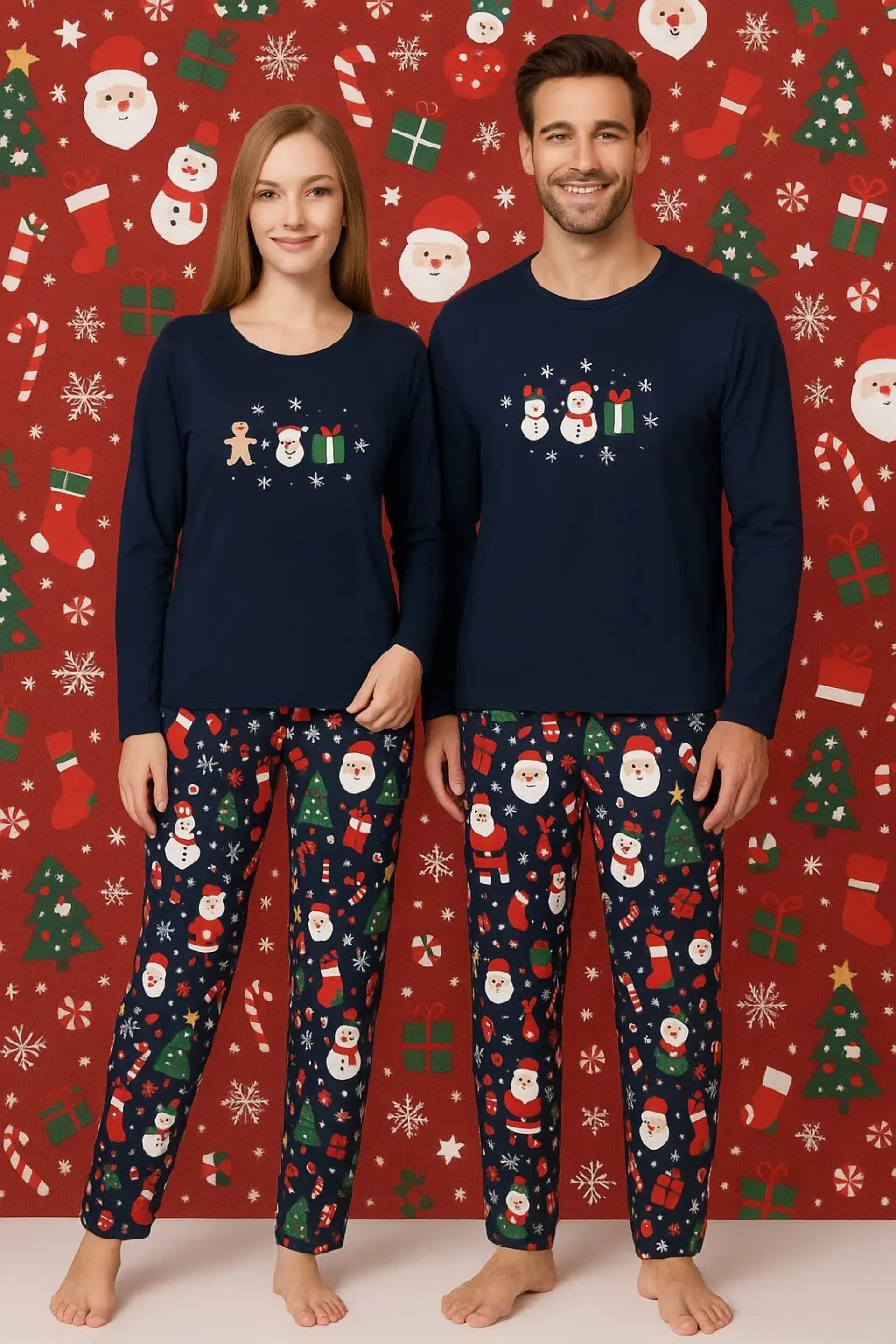 Pijama cuplu bleumarin tematică de Crăciun cu imprimeu om de zăpadă - 1