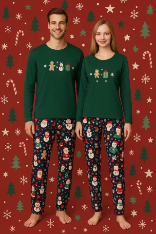 Pijama cuplu verde tematică de Crăciun cu imprimeu om de zăpadă