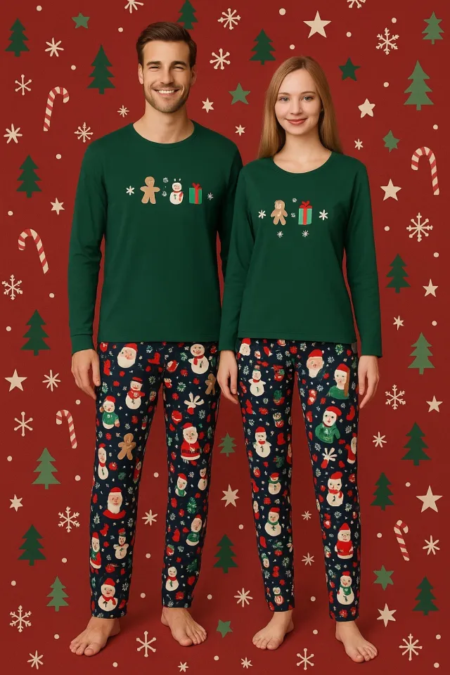 Pijama cuplu verde tematică de Crăciun cu imprimeu om de zăpadă