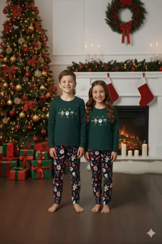 Pijama copii Crăciun verde cu om de zăpadă