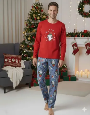 Pijama bărbat Crăciun roșu cu imprimeu figurine de Crăciun hover