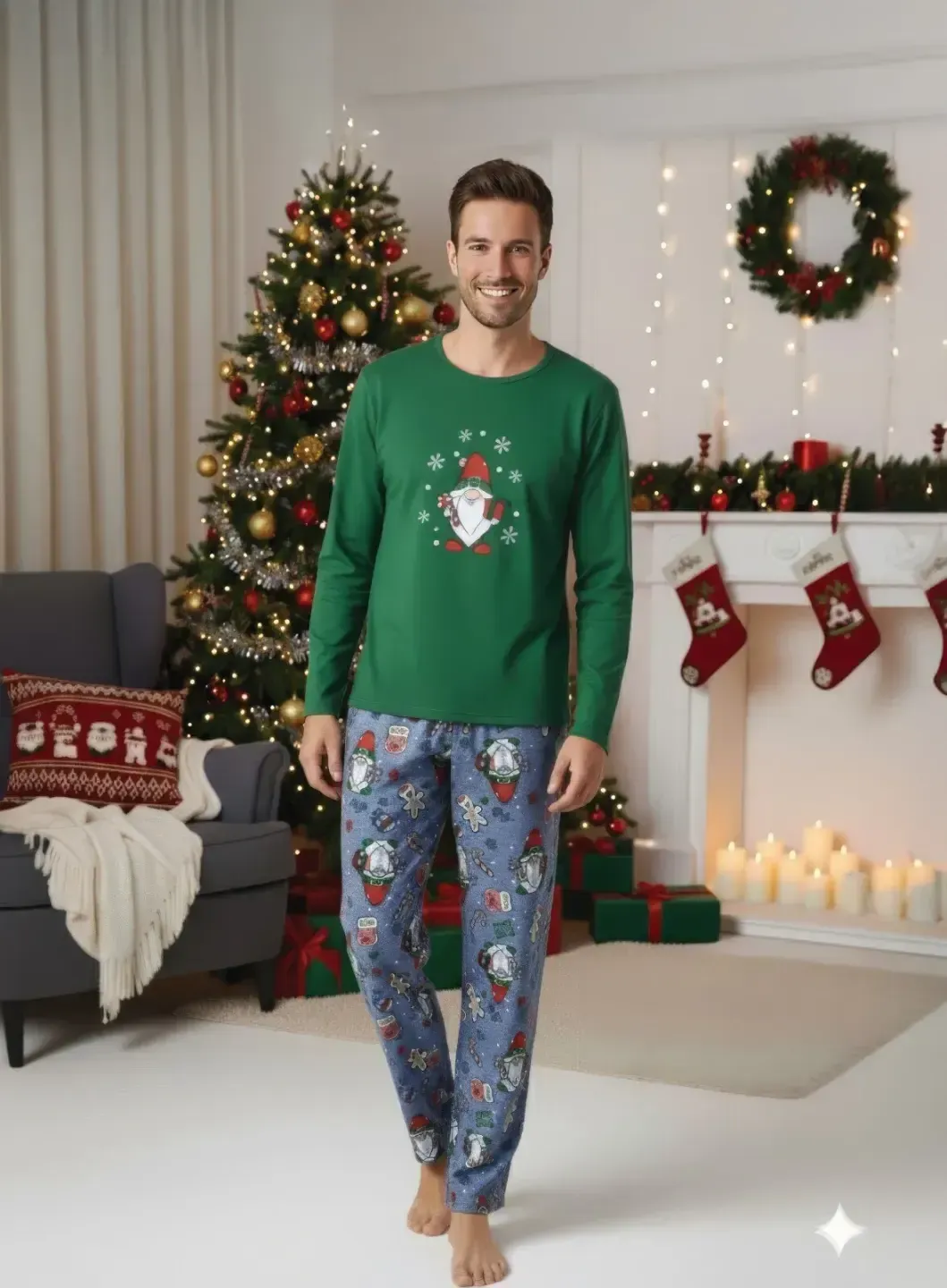 Pijama bărbat Crăciun verde cu imprimeu figurine de Crăciun - 2