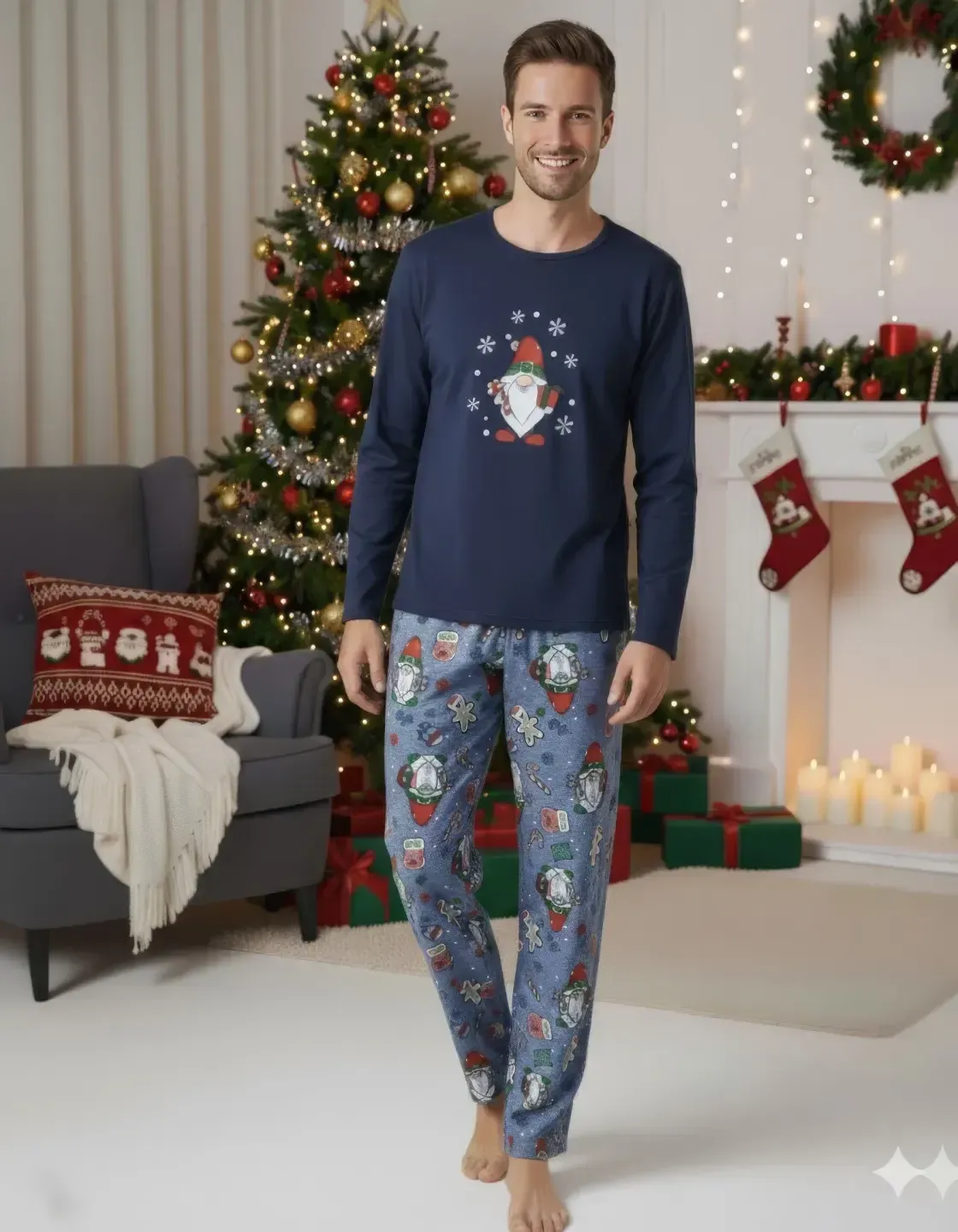 Pijama bărbat Crăciun bleumarin cu imprimeu figurine de Crăciun - 2