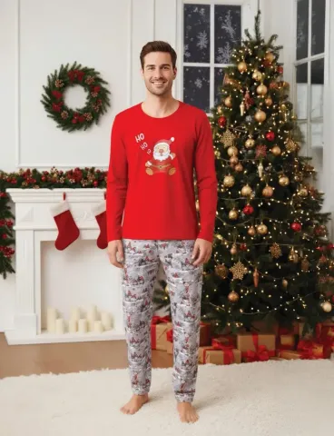 Pijama bărbat Crăciun roșu cu imprimeu Moș Crăciun