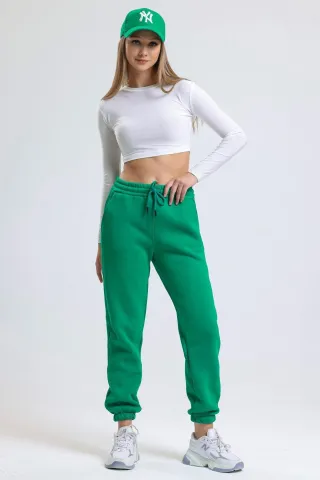 Pantalon de trening sport damă, verde, cu buzunare laterale