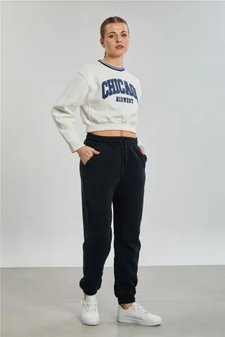 Pantalon de trening sport damă, negru, cu buzunare laterale