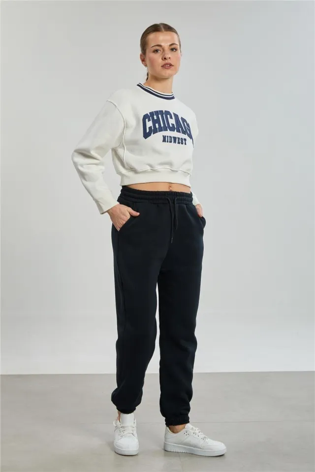 Pantalon de trening sport damă, negru, cu buzunare laterale